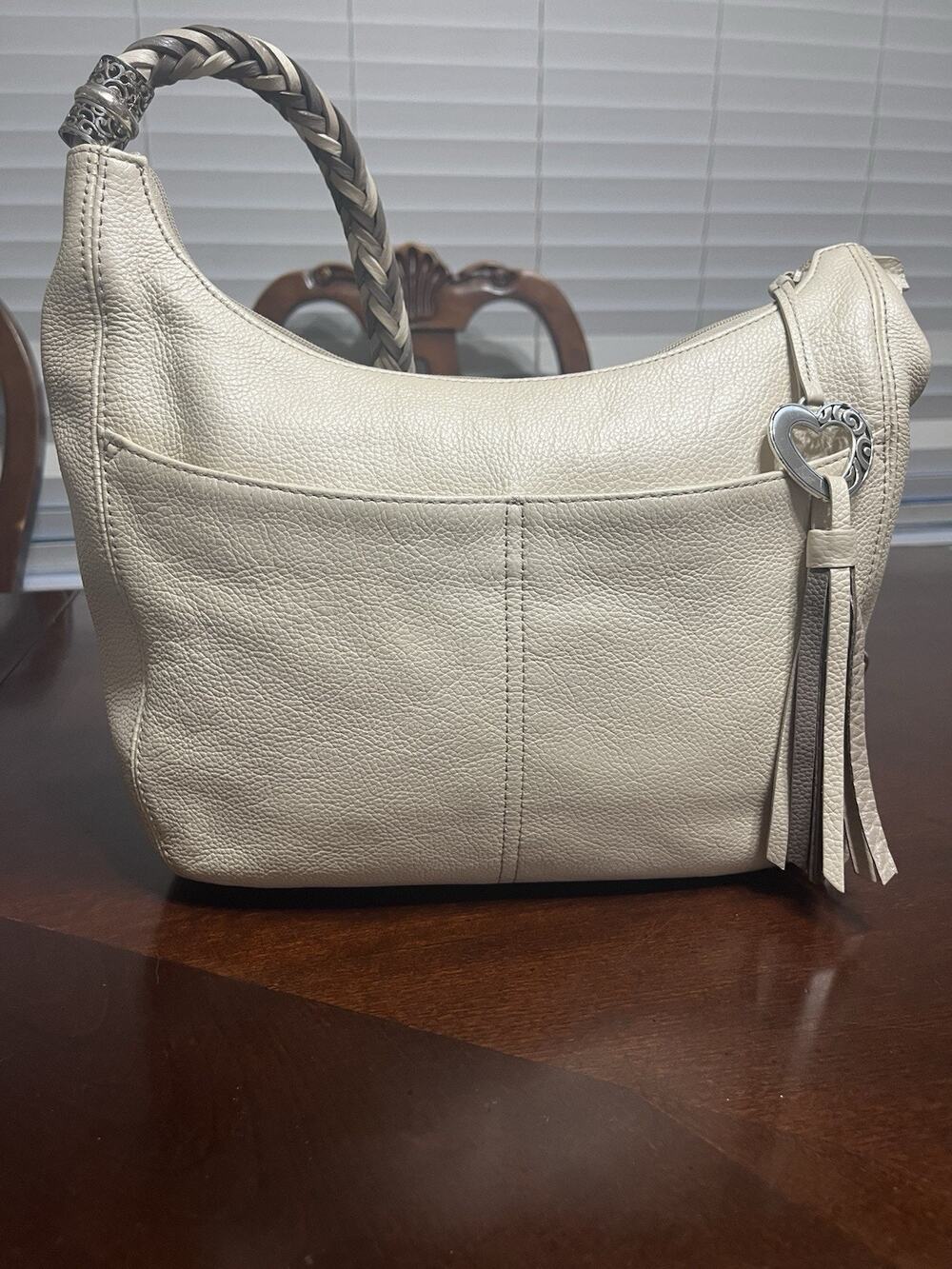 Brighton Barbados Ivory Pearl Hobo Pebbled Leather Boho Shoulder Bag Braid Strap
